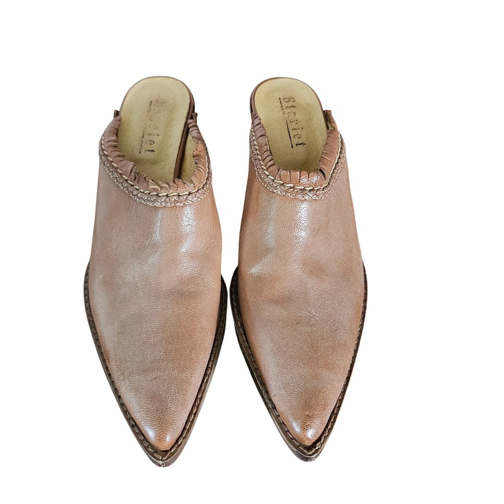 Starlet Tan Leather Pointed Toe Mules Braided Trim Stacked Heel Made in Italy 35